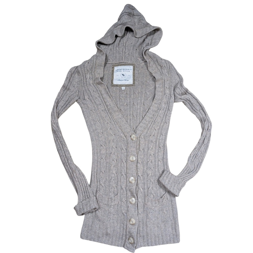 Abercrombie &‎ Fitch Cardigan Small Gray Cable Knit Hooded Rabbit Hair Sweater